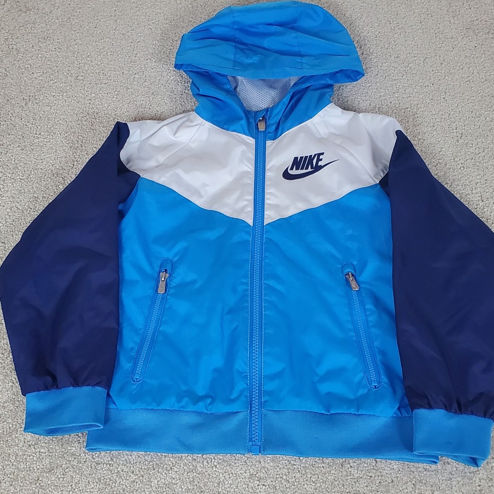 Nike Windbreaker Kids Large 6-7 Blue White Full Zip Hooded Windrunner Jacket